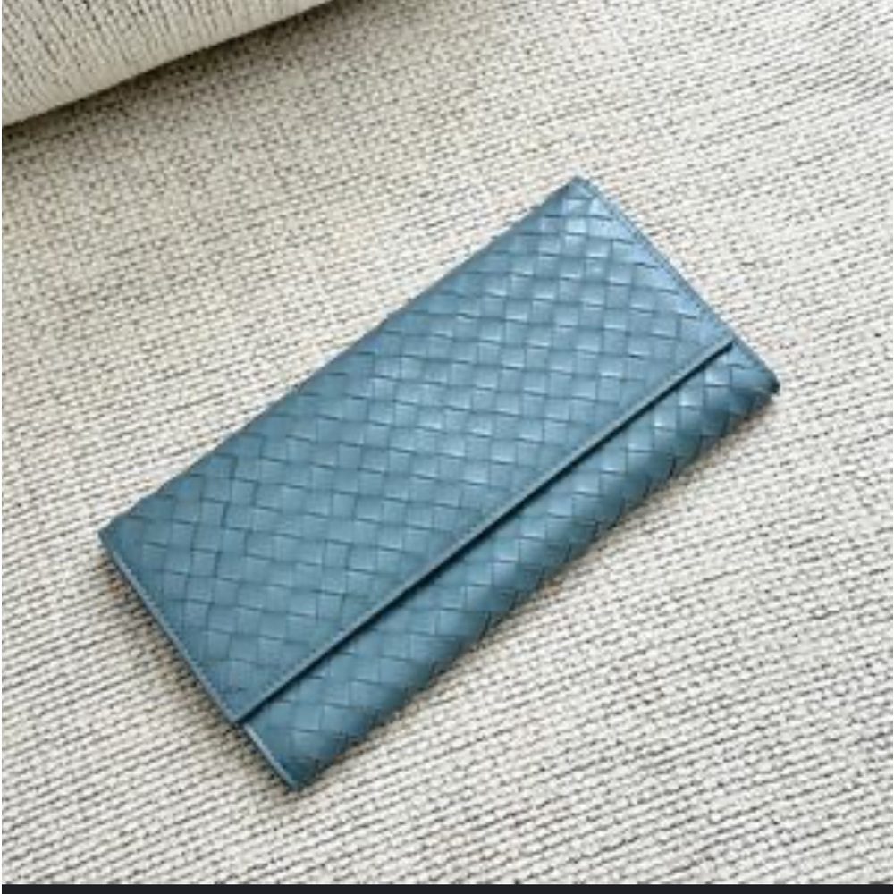 Bottega Veneta Teal Blue Intrecciato Leather Clutch Wallet